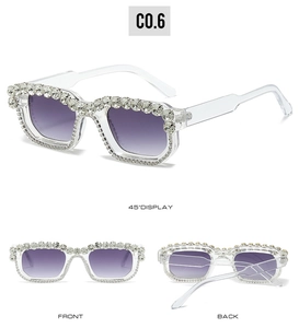 Three views of square Y2K sunglasses with sparkling rhinestones and purple gradient lenses