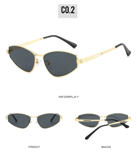 Three-view display of vintage irregular metal sunglasses with hollow temple detail