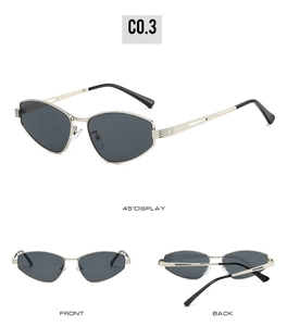 Detailed views of irregular metal frame sunglasses in light gold with dark grey lenses