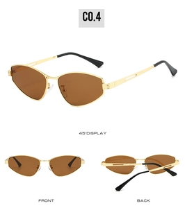 Detailed views of gold irregular metal sunglasses with brown geometric lenses from three angles
