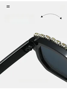 Detailed macro of reinforced durable metal hinges on rhinestone square frame sunglasses