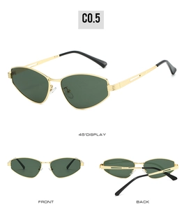 Detail view of gold geometric cat-eye sunglasses with dark green polarized lenses
