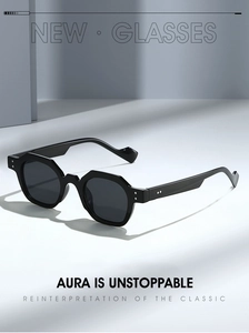 Detail view of thick black polygon sunglasses temples with silver rivet embellishments