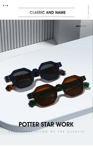 Macro view of retro thick polygon sunglasses with hexagon frames and decorative rivets