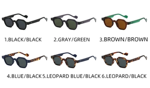 Close-up of polygon retro sunglasses collection featuring six colors with rivet details
