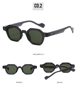 Three angles of geometric purple sunglasses with rivets and dark green lenses