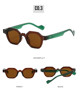 Detailed views of polygon sunglasses with tortoise frames and translucent green temples