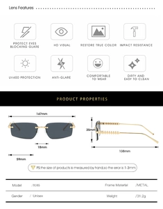 Detailed size chart and technical specifications for frameless rectangle sunglasses