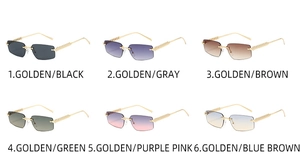 Detailed grid showing six assorted rimless square sunglasses with gold rivet wavy arms