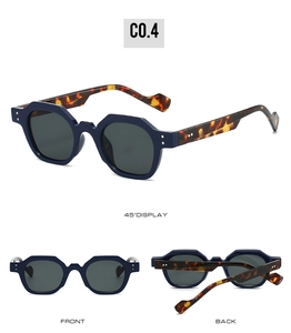 Detailed views of octagonal sunglasses with deep blue frames and tortoise temples