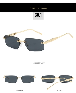 Detail of gold studded metal temples on rimless square sunglasses with dark grey lenses