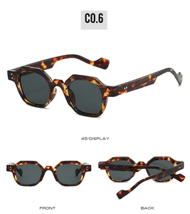 Detailed views of tortoise shell polygon sunglasses with rivets and dark grey lenses