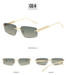Detailed views of rimless rectangular sunglasses with punk studs and gold metal temples