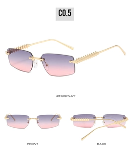 Three-way view of rimless square sunglasses with gradient purple lenses and studded gold arms