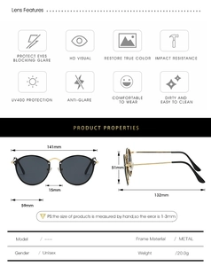 Detailed size specifications for vintage metal round sunglasses with dimensions and UV400 info