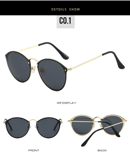 Three views of round gold metal sunglasses with black lenses and adjustable nose pads
