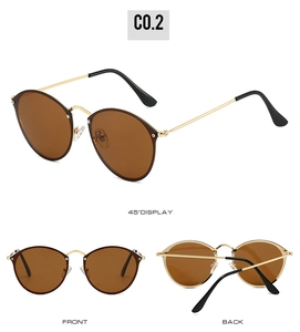 Detailed views of retro round metal sunglasses with brown lenses and golden frames