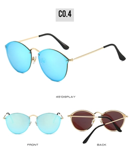 Three perspectives of retro round metal sunglasses featuring multi-color reflective lenses