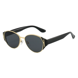 Modern cat-eye sunglasses with round frames and golden H metal hardware in 45-degree view