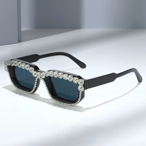 Luxurious square frame sunglasses with crystal rhinestones and dark blue-grey lenses