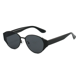 Classic black cat-eye sunglasses with dark oval lenses and stylish metal frame design