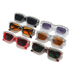 Collection of retro square rhinestone sunglasses with colorful frames and UV protection