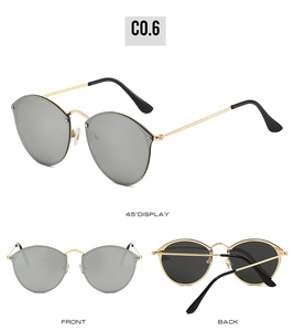 Three-angle views showing gold metal frame sunglasses with grey lenses and black earpieces
