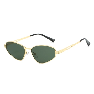 Irregular geometric metal sunglasses with gold frames and dark green lenses for a trendy look
