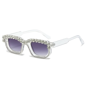 Square Y2K sunglasses with transparent frame, purple gradient lenses and rhinestone accents