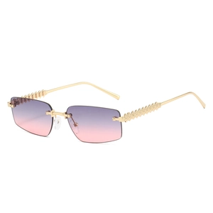 Frameless rectangular sunglasses with purple gradient lenses and gold studded temples