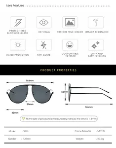 Tableau des tailles pour lunettes aviateur en métal avec dimensions et indices UV400