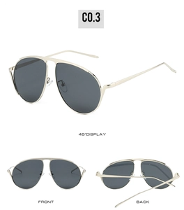 Vue sous trois angles de lunettes aviateur avec monture en métal doré et verres foncés