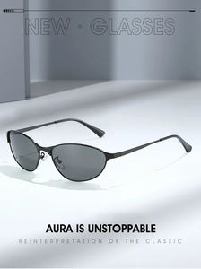 Detailed view of modern black oval metal frame sunglasses with minimalist vintage style