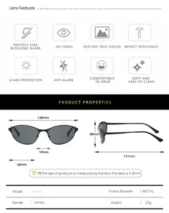 Detailed size chart for cat eye sunglasses with metal frame and UV400 lens features