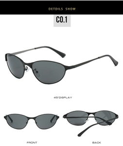 Detailed views of black cat-eye sunglasses featuring thin metal frames and nose pads