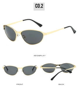 Three-angle view of vintage metal cat-eye sunglasses with gold frames and dark gray lenses