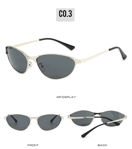 Three-way view of cat eye sunglasses showing front, back, and 45-degree angle metal frame