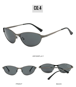 Three-view display of gunmetal metal sunglasses with dark gray oval polarized lenses