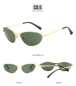 Detailed multi-angle view of vintage metal cat-eye sunglasses with gold frame and green lens
