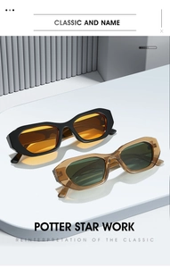 Close-up of retro rectangular sunglasses in black-orange and translucent brown styles
