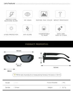 Detailed size chart for narrow frame sunglasses showing dimensions and PC material specs