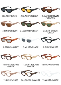 Grid view of 15 color variations of trendy cat-eye sunglasses and clear lenses