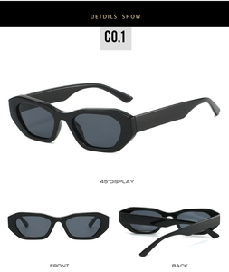 Three-angle views of chunky black geometric sunglasses with thick frames and dark lenses