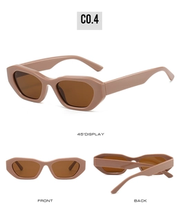 Three views of irregular geometric sunglasses in Morandi brown showing front and back details