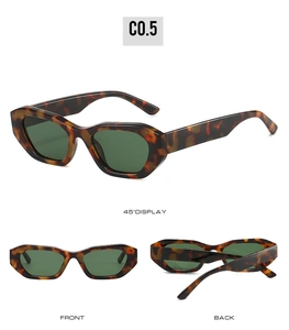 Detailed multi-angle views of tortoiseshell geometric sunglasses with dark green lenses