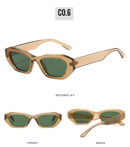 Three perspectives of retro narrow polygon sunglasses in tortoiseshell and green lens