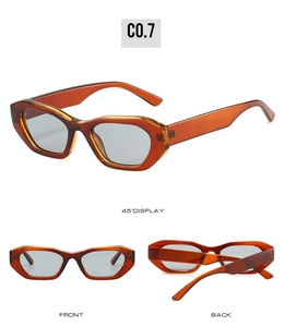 Three-way view of amber geometric sunglasses showing front, back, and 45-degree angle shots