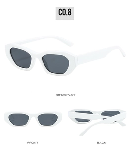 Multi-angle view of vintage white thick frame sunglasses with dark grey geometric lenses