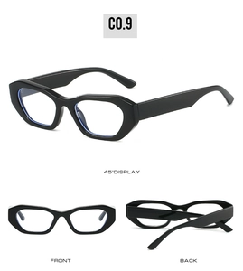 Multiple views of trendy black thick frame small rectangle sunglasses for men and women