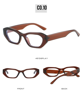 Three-way view of trendy geometric hexagonal sunglasses in translucent brown finish